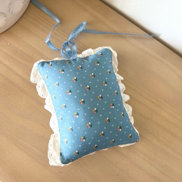Miniature Handcrafted Cross-Stitch Pillow with Blue Ribbon Home Decor - Picture 2 of 4